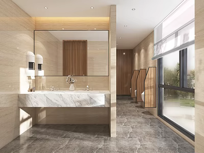 Modern Public Restroom Interior Design With Marble Countertop Mirror Stalls And Bright Windows 3d model
