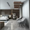 Modern Hotel Guest Room With King Bed White Bedding Dark Wooden Walls And Gray Curtains