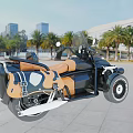 Three Wheeled Black And Brown Motorcycle With Leather Seat Windshield Palm Trees In Outdoor Setting