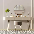 Modern Minimalist Dressing Table with Round Mirror Cosmetics and Upholstered Stool 3d model