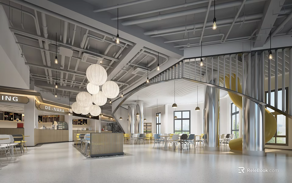 Modern Restaurant Interior With Open Space Hanging Lamps And Dining Tables Chairs 3d model 