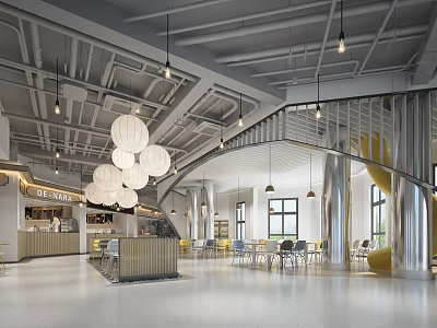 Modern Restaurant Interior With Open Space Hanging Lamps And Dining Tables Chairs 3d model