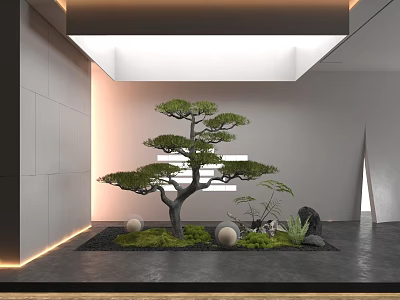 Modern Indoor Bonsai Pine Tree Decor With Stones Grass And Lighting 3d model