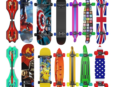 Sports Equipment Skateboards With Various Colorful Designs And Diverse Character Patterns For All Riders 3d model