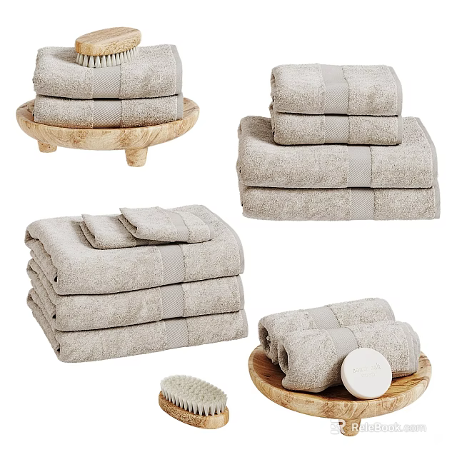 Soft Absorbent Washable Daily Use Towels In Light Gray Stacked On Wooden Trays 3d model 