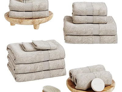 Soft Absorbent Washable Daily Use Towels In Light Gray Stacked On Wooden Trays 3d model