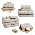 Soft Absorbent Washable Daily Use Towels In Light Gray Stacked On Wooden Trays