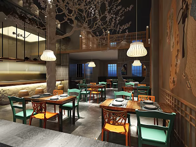 Elegant Restaurant Interior With Wooden Tables Colorful Chairs Hanging Lamps And Tree Decor 3d model