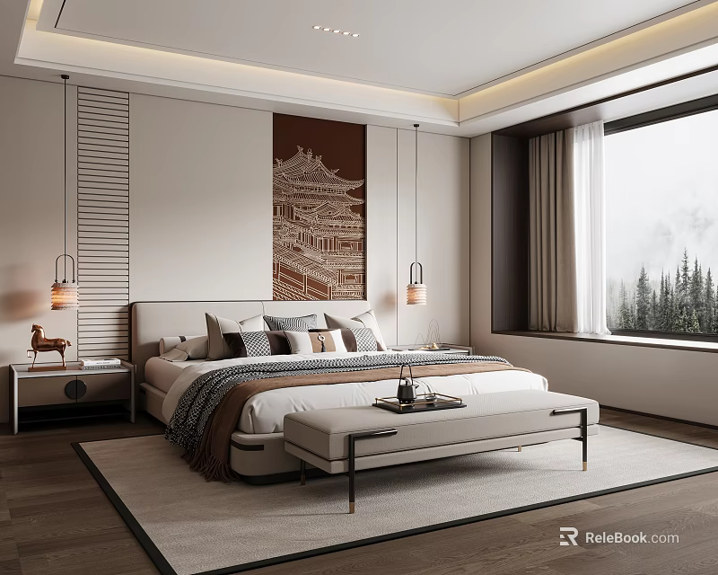 Modern Bedroom Interior Design With Bedside Table Lamp Decorative Painting And Window View 3d model