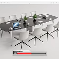 Modern Conference Table with White Chairs Laptop Potted Plants Documents And Cups