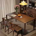 Modern Wooden Dining Table Set With Chairs Bench Vase Fruit And Coffee