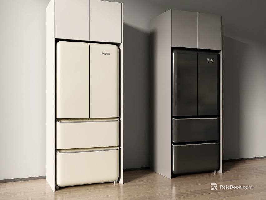 White and Black Modern Freestanding Refrigerators with Double Doors and Drawers 3d model 