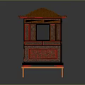 Traditional Chinese Red And Black Wooden Sedan Chair With Brown Roof And Carved Decorations