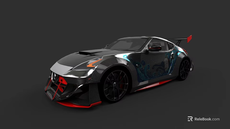 Custom Black Sports Car Featuring Carbon Fiber Body Red Rear Spoiler And Blue Graphics 3d model 