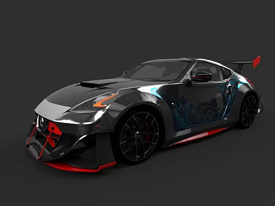 Custom Black Sports Car Featuring Carbon Fiber Body Red Rear Spoiler And Blue Graphics 3d model