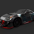 Custom Black Sports Car Featuring Carbon Fiber Body Red Rear Spoiler And Blue Graphics