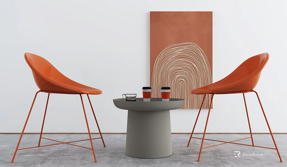 Modern Round Gray Table With Orange Chairs And White Wall Art 3d model