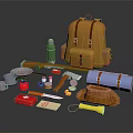Decorative Ornament Set with Orange Backpack Green Water Bottle Camping Gear and Outdoor Accessories