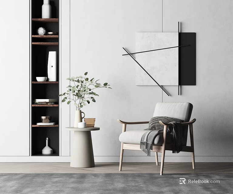 Modern Living Room With Single-seater Sofa Side Table Potted Plant And Abstract Wall Art 3d model 