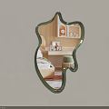 Leaf Shaped Mirror With Green Frame Reflecting Bedroom Bed And Striped Wall 3d model