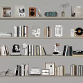 Stylish Decorative Ornament Combination on Shelves with Books Clock Vinyl Record Small Sculpture and Frames