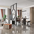 Modern Living Dining Room Interior With Marble Wall Black Screen Sofa And Orange Accents