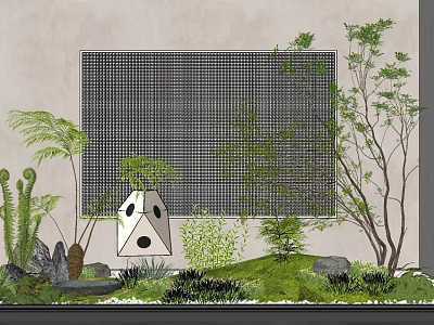 Serene Garden Landscape Design With Grid Wall Ferns Trees And Geometric Decor 3d model