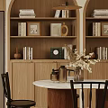 Modern Wooden Restaurant Interior With Arched Shelves Kitchen Appliances Dining Table And Chairs