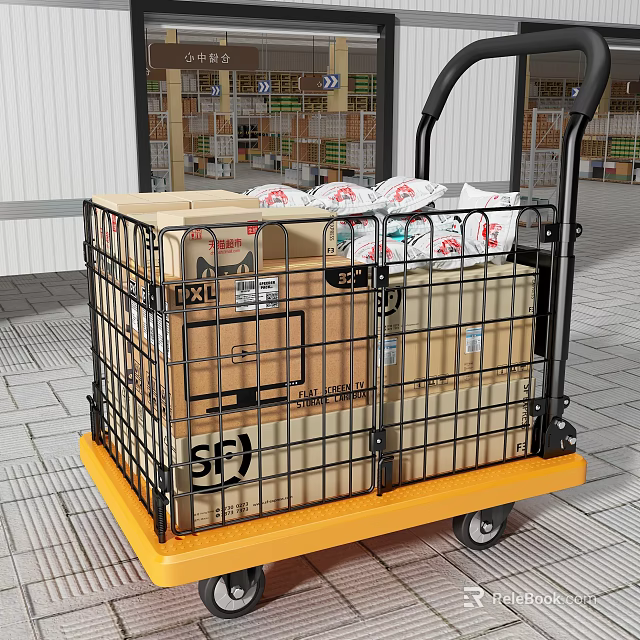 Household Items In Cardboard Boxes And Plastic Bags On Yellow Utility Cart 3d model 
