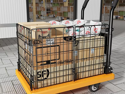 Household Items In Cardboard Boxes And Plastic Bags On Yellow Utility Cart 3d model