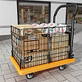 Household Items In Cardboard Boxes And Plastic Bags On Yellow Utility Cart