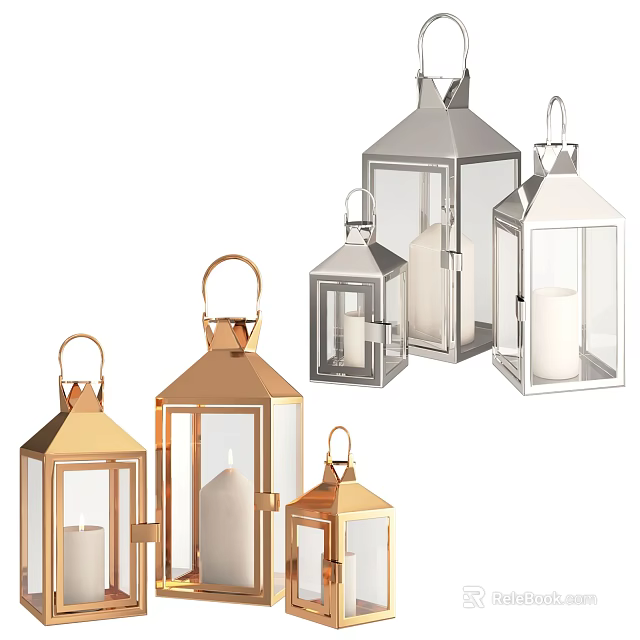 Modern Gold And Silver Candle Lanterns With Metal Frame Glass Panels For Home Decor 3d model 