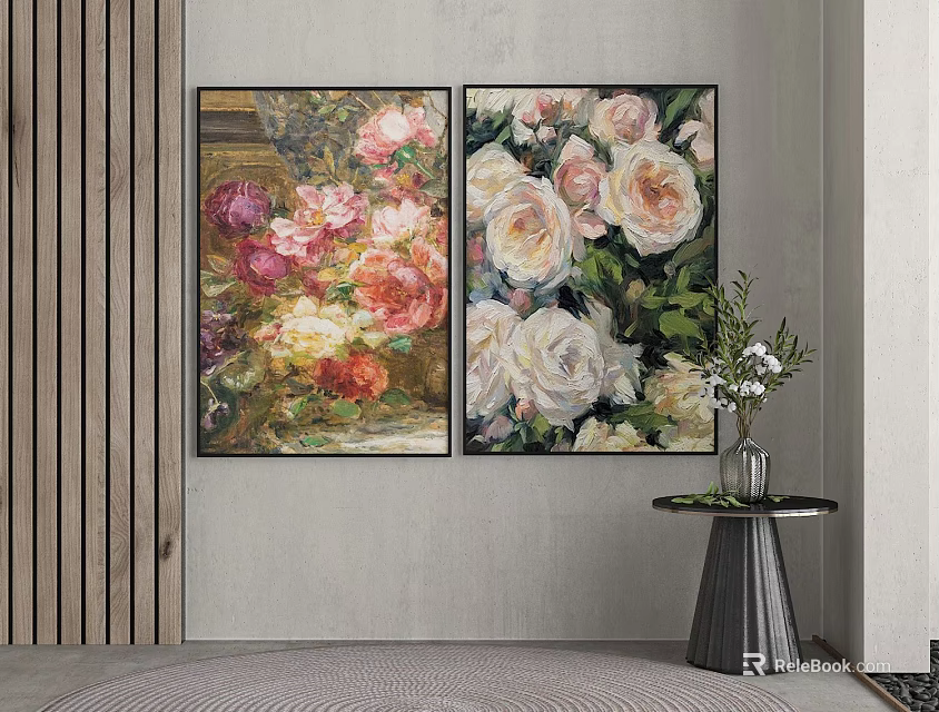 Botanical Floral Paintings With Roses As Wall Art For Interior Decor 3d model 