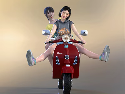 Two Girls Riding Red Vespa Scooter With Casual Style And Smiling Faces 3d model