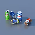 Everyday Household Metal Beverage Cans With Different Colors Stacked And Scattered