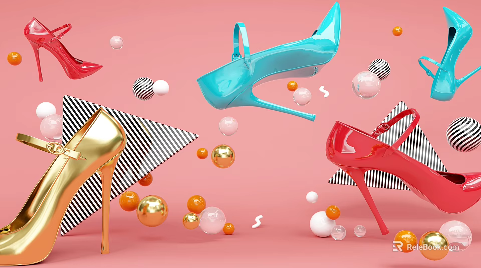 Colorful High Heels With Geometric Patterns And Spherical Decorations On Pink Background 3d model 