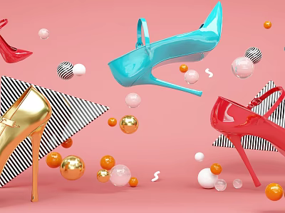 Colorful High Heels With Geometric Patterns And Spherical Decorations On Pink Background 3d model