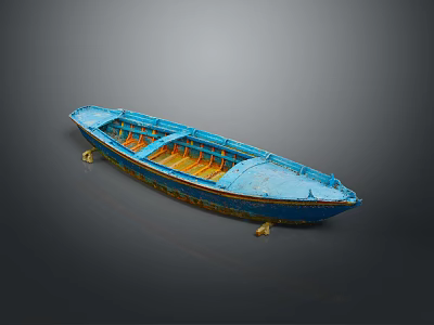 Blue Traditional Wooden Boat Featuring Orange Seats And Intricate Decorative Accents 3d model