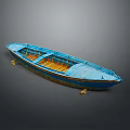 Blue Traditional Wooden Boat Featuring Orange Seats And Intricate Decorative Accents
