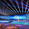 Modern Event Venue With Stage Lighting And Round Tables