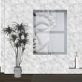 Minimalist Wall Decor With Buddha Head Painting Plant And Arched Niche Statue