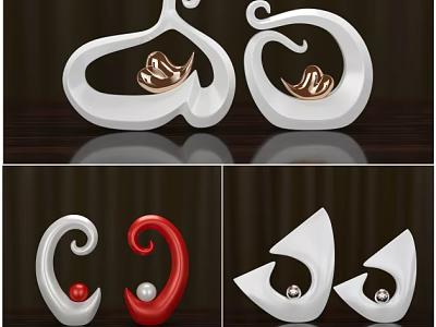 Modern Stylish Decorative Ornament Set With White Red Gold Curved Geometric Designs And Pearl Accents 3d model