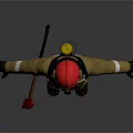 Firefighter in Protective Gear With Red Helmet and Axe Standing on Dark Background