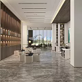 Modern Sales Office Interior Featuring Hanging Whale Sculptures Large Windows City View and Marble Floor