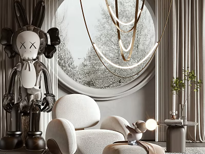 Modern Single Sofa with Round Window Gold Chandelier and Art Sculpture 3d model