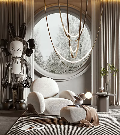 Modern Single Sofa with Round Window Gold Chandelier and Art Sculpture 3d model