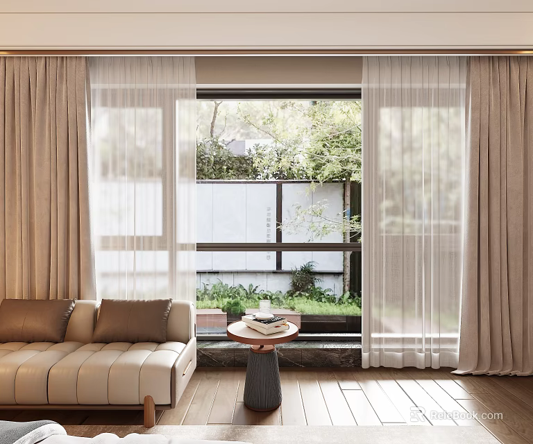 Sheer And Thick Beige Curtains Enhance Cozy Living Room With Sofa Tea Table And Garden 3d model 