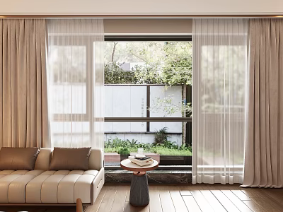 Sheer And Thick Beige Curtains Enhance Cozy Living Room With Sofa Tea Table And Garden 3d model