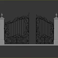 Elegant Ornate Iron Entrance Gate With Decorative Design And White Pillars
