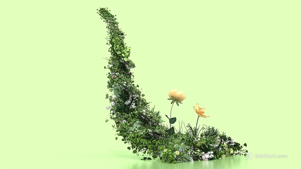Crescent Shaped Plant Photo Spot With Green Vines Leaves Yellow And White Flowers 3d model 